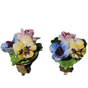 Vintage Floral Clip On Earrings Handcrafted Porcelain Pansies Fashion Jewelry